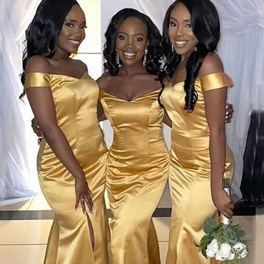 Simple Gold Off the Shoulder Mermaid Long Satin Bridesmaid Dresses with Side Slit, BG406
