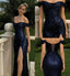 Classy Navy Blue Sequin Prom Dress Off the Shoulder Ruched Sparkly Mermaid Gown,OLP1847