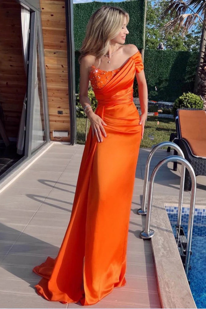 Soft One-shoulder Sleeveless Mermaid Satin Long Evening Prom Dresses Online, OLP744