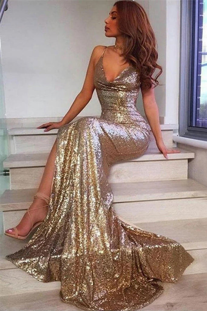 Shiny Spaghetti Strap Sleeveless Mermaid Sequin Long Prom Dresses Online, OLP603