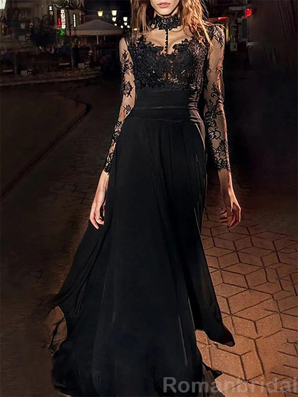 Elegant Long Sleeves High Neck A-line Applique Lace Black Evening Prom Dress Online, OL082