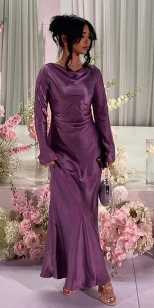 Soft High Neck Long Sleeves Mermaid Satin Long Evening Prom Dresses Online, OLP652