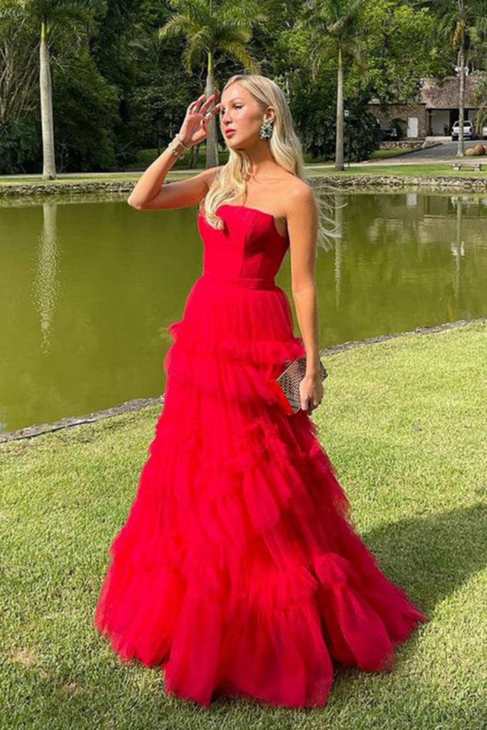 Formal Sweetheart Sleeveless Gown A-line Tulle Red Ruffles Long Prom Dresses Online, OLP590