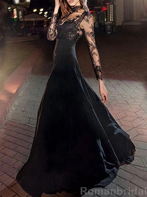 Elegant Long Sleeves High Neck A-line Applique Lace Black Evening Prom Dress Online, OL082