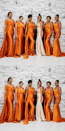 Mismatched Satin Off Shoulder V-neck Long Bridesmaid Dresses with Trailing, BG671
