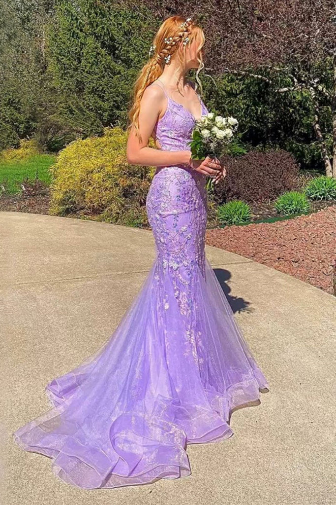 Elegant Spaghetti Strap Sleeveless Mermaid Lace Long Evening Prom Dresses Online, OLP763