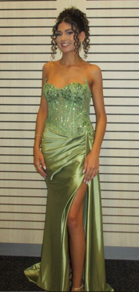 Elegant Sweetheart Sleeveless Mermaid Satin Long Evening Prom Dresses Online, OLP668