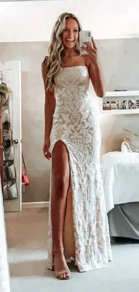 Elegant Spaghetti Strap Sleeveless Mermaid Lace Long Prom Dresses With Slit For Party Online, OL460