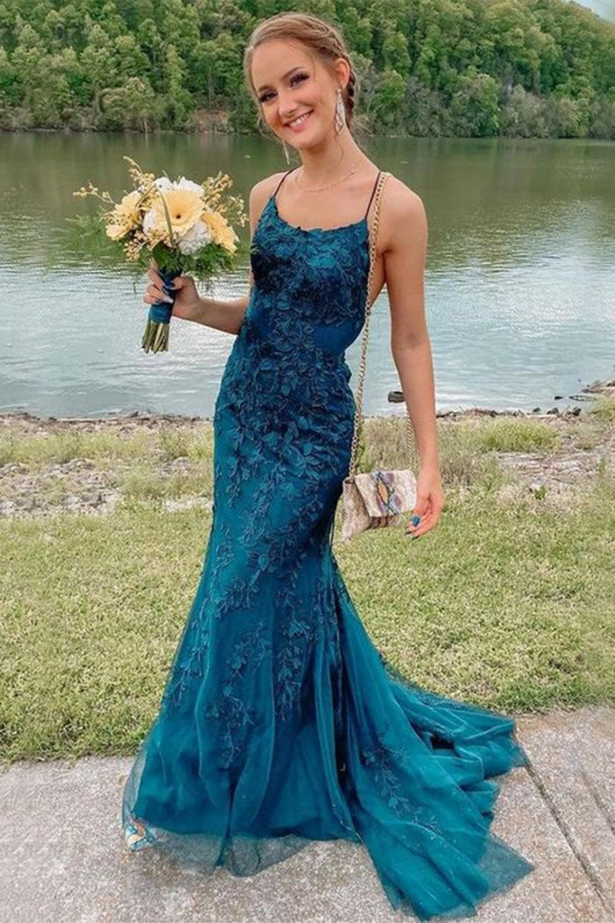 Elegant Spaghetti Strap Sleeveless Mermaid Lace Long Evening Prom Dresses Online, OLP636