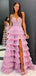 Gorgeous V-neck Spaghetti Strap Ruffles A-line Long Prom Dress With Slit Online, OL308