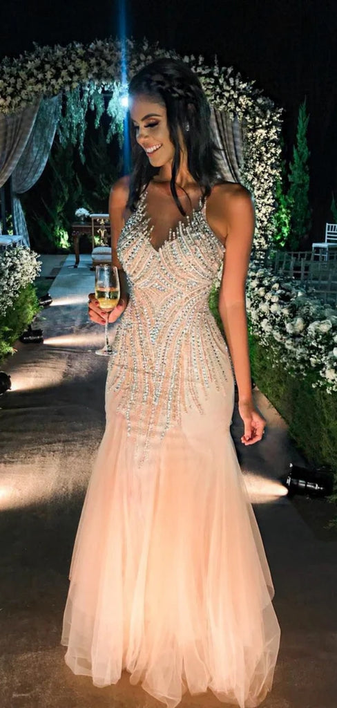 Sexy Spaghetti Strap V-neck Sleeveless Mermaid Tulle Long Prom Dresses For Party Online, OL452