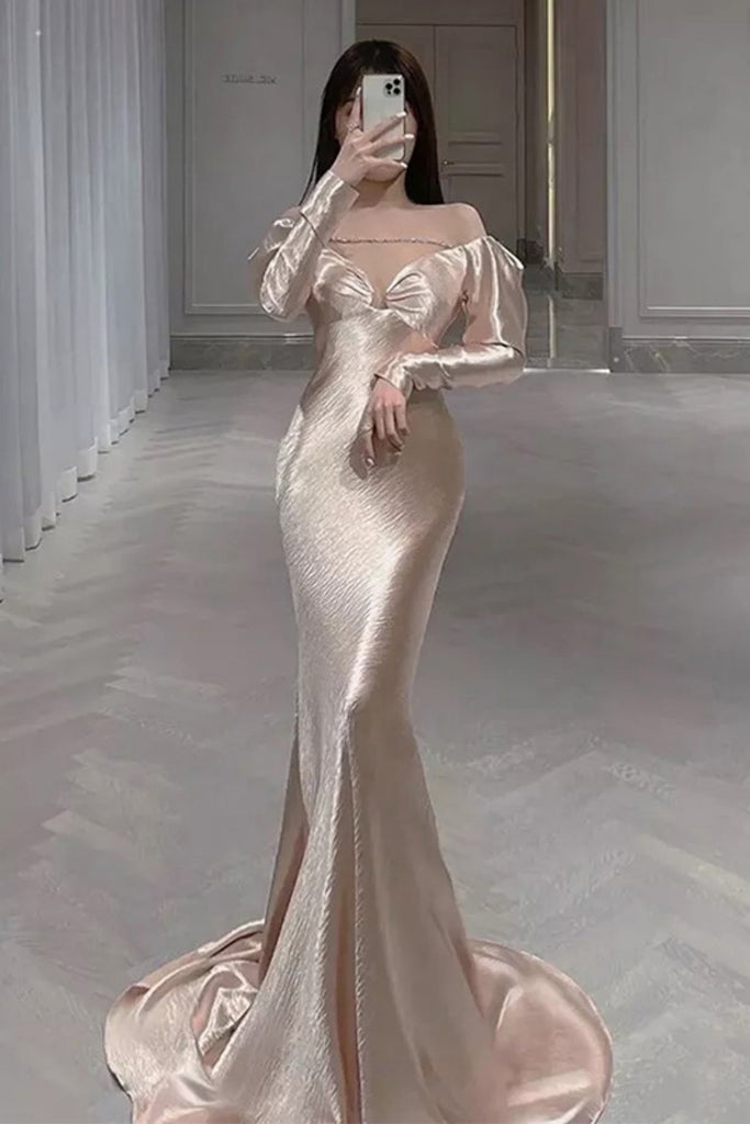 Soft Sweetheart Full Sleeve Mermaid Satin Long Evening Prom Dresses Online, OLP689