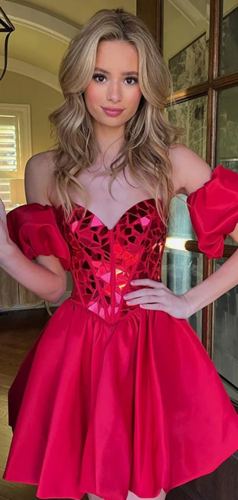 Elegant Off-shoulder Short Satin Red A-line Homecoming Dresses For Party Online, HD0800