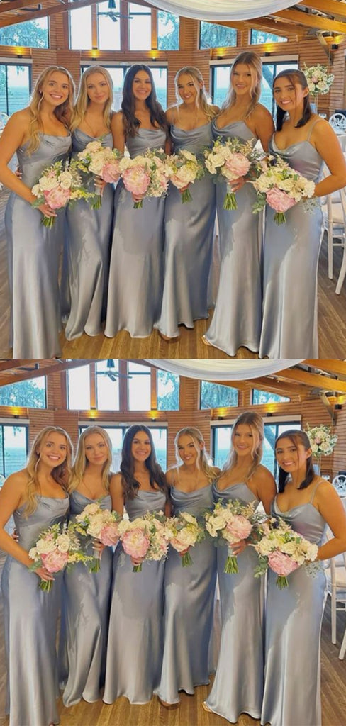 Simple Spaghetti Strap Sleeveless Mermaid Satin Bridesmaid Dresses Online, BG828