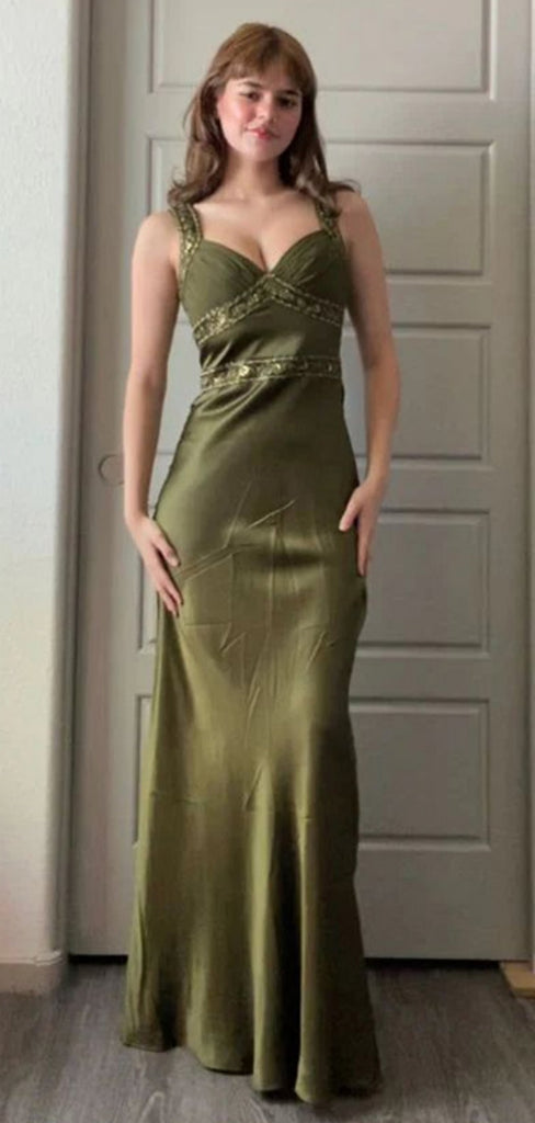 Soft Spaghetti Strap Sleeveless Mermaid Satin Long Evening Prom Dresses Online, OLP700