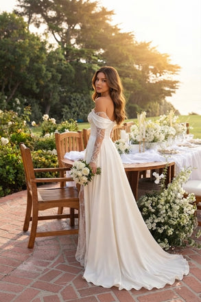 Classy Off-Shoulder Wedding Dresses Long Lace Sleeve Satin Slit Bridal Gown,WD0591