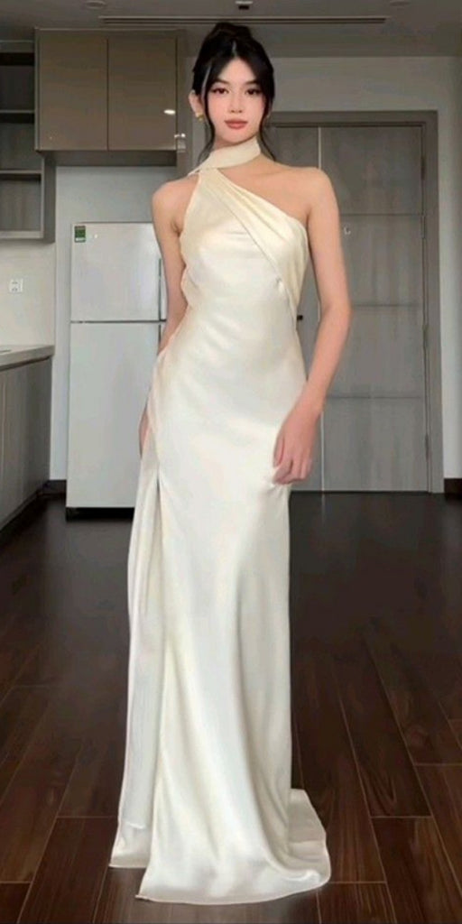 Soft One-shoulder Sleeveless Mermaid Satin Long Evening Prom Dresses Online, OLP732