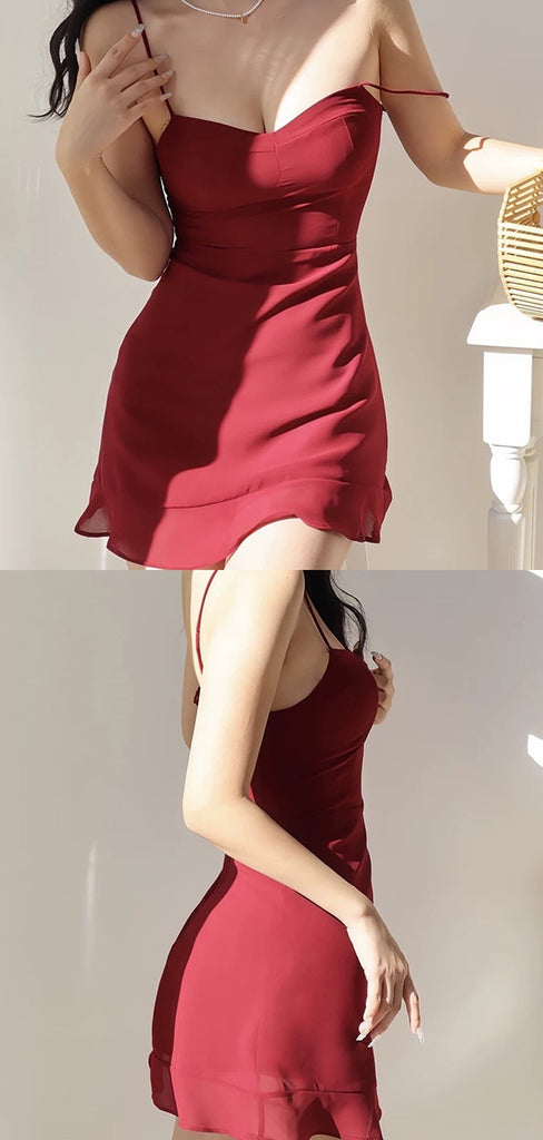 Sexy Spaghetti Strap Sleeveless Mermaid Satin Short Red Homecoming Dresses For Party Online, HD1043