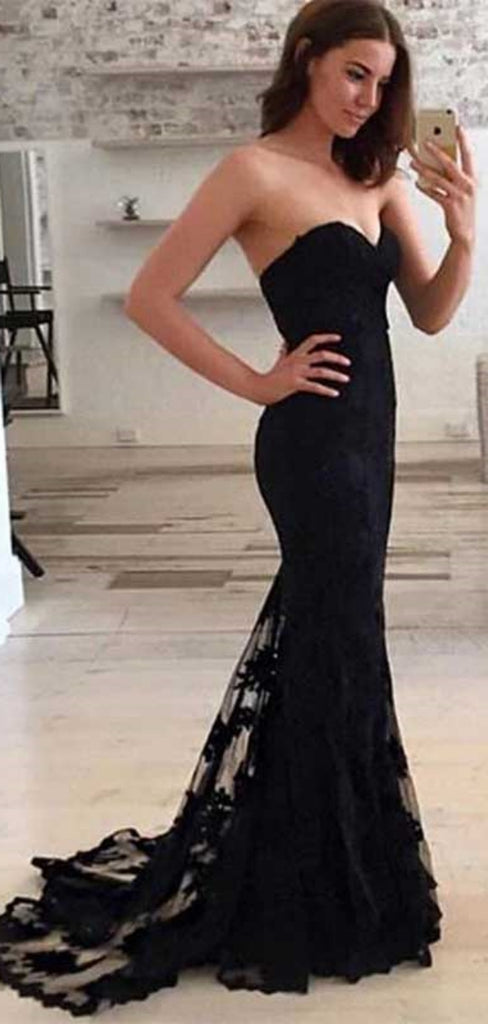 Sexy Sweetheart Sleeveless Mermaid Lace Tulle Black Long Prom Dresses Online, OL476