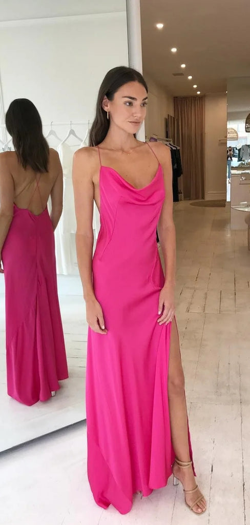 Sexy Spaghetti Strap Sleeveless A-line Satin Long Prom Dresses With Slit For Party Online, OL412