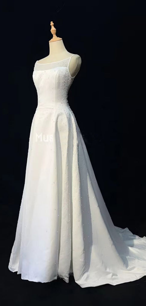 Elegant Bateau Sleeveless A-line Satin Long Prom Dresses With Trailing For Party Online, OL408