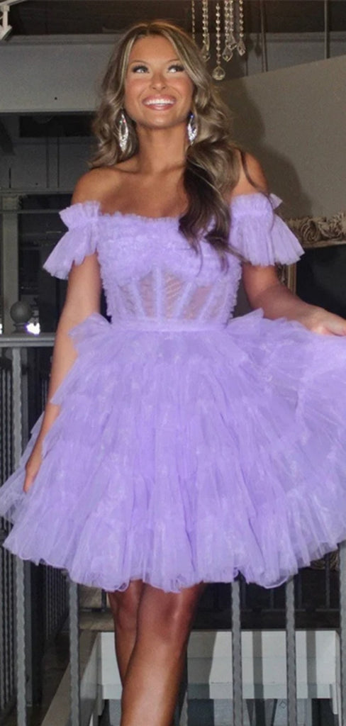 Elegant Off-shoulder A-line Ruffles Tulle Short Homecoming Dresses Online, HD0788