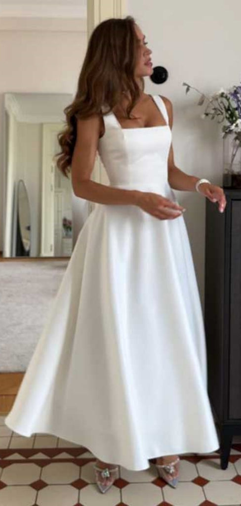 Soft Square Sleeveless A-line Satin Long Prom Dresses With Slit Online, OL516