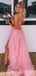 Elegant Spaghetti Strap Sleeveless A-line Tulle Long Prom Dresses With Slit For Party Online, OL384