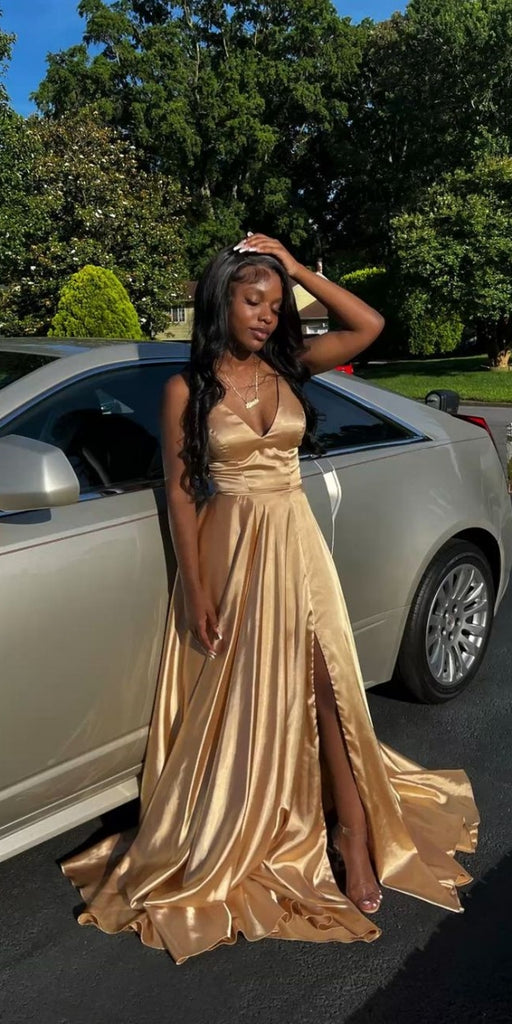 Sexy Spaghetti Strap Sleeveless A-line Satin Long Prom Dresses Online, OLP596