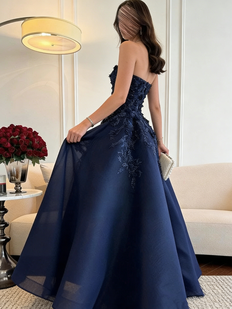 Elegant Navy Blue Sweetheart A-Line Long Prom Dress Ideas, Evening Party Dresses, OLP1635