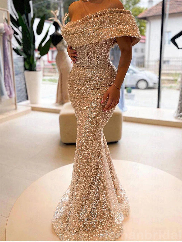 Sparkly Off the Shoulder Mermaid Sequins Ivory Evening Prom Dress Online, OL084