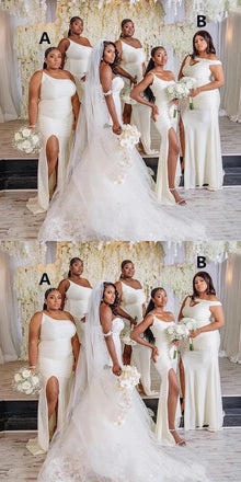 Mismatched Satin One Shoulder Side Slit Satin Long Bridesmaid Dresses Online, BG672