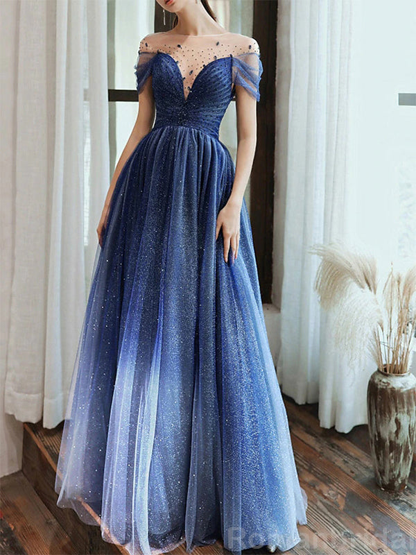 Elegant Off the Shoulder A-line Beading Royal Blue Evening Prom Dress Online, OL089