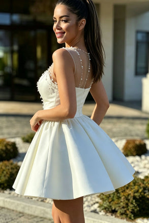 Elegant Illusion A-line White Back To School Dress Homecoming Dresses Online, HD0628