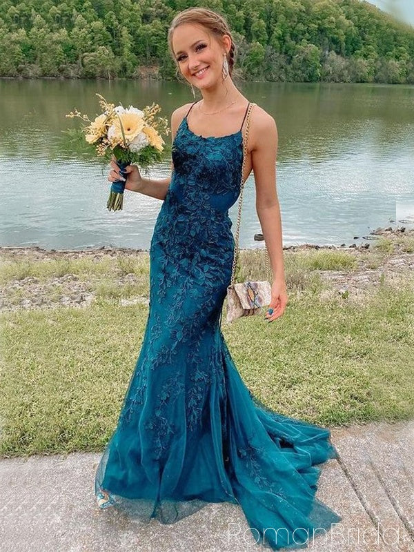 Elegant Spaghetti Strap Sleeveless Mermaid Lace Long Evening Prom Dresses Online, OLP636