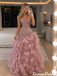 Stunning Pink Strapless Beaded Ruffled Organza Mermaid Prom Dress,OLP2414