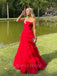 Formal Sweetheart Sleeveless Gown A-line Tulle Red Ruffles Long Prom Dresses Online, OLP590