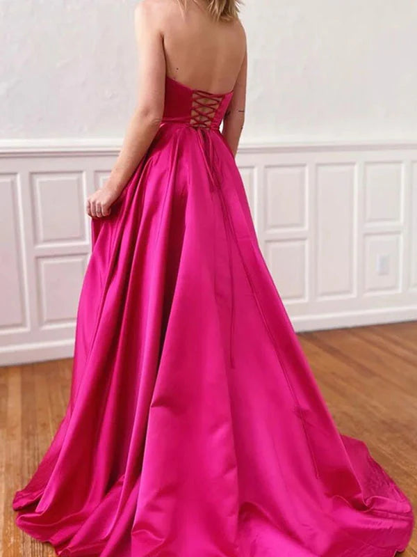 Formal Sweetheart Sleeveless A-line Satin Evening Prom Dresses Online, OLP947