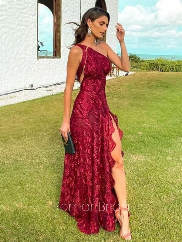 Elegant One-shoulder Sleeveless Mermaid Lace Long Evening Prom Dresses Online, OLP628