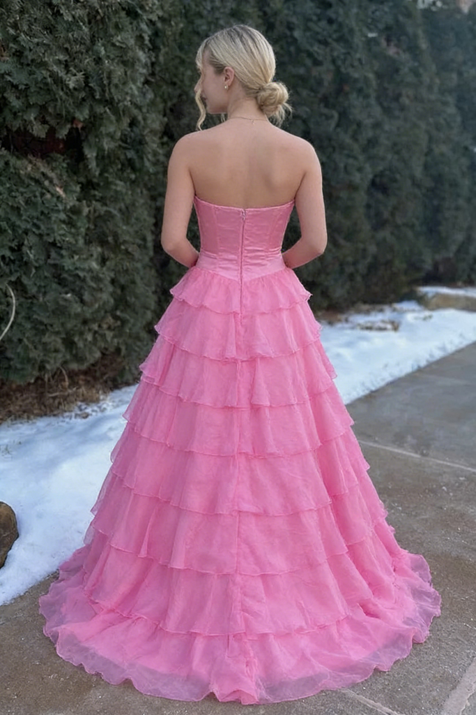 Sexy Strapless Pink Ruffled Prom Dress Tiered Tulle Corset Ball Gown with Slit,OLP1846