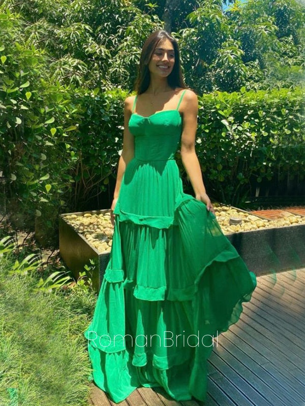 Simple Spaghetti Strap Sleeveless A-line Chiffon Long Prom Dresses Online, OLP612