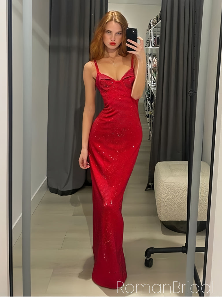 Sexy Spaghetti Strap Sleeveless Mermaid Satin Evening Prom Dresses Online, OLP1040