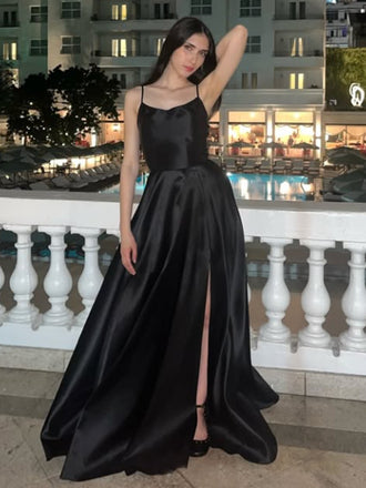 Black Spaghetti Strap Sleeveless A-line Satin Evening Prom Dresses Online, OLP850