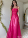 Classy Hot Pink Spaghetti Strap Beaded Prom Dress Sleek Long Satin Dress,OLP2445