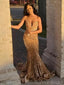 Shiny V-neck Sleeveless Mermaid Sequin Gold Long Evening Prom Dresses Online, OLP661