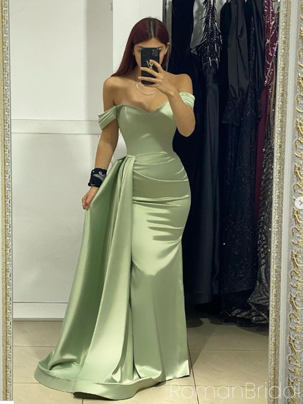 Soft Off-shoulder Sleeveless Mermaid Satin Long Evening Prom Dresses Online, OLP672