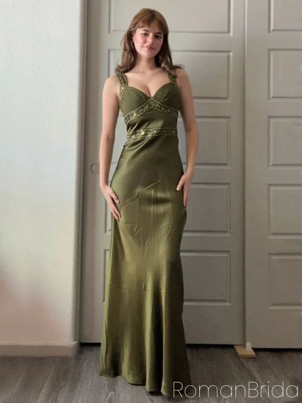 Soft Spaghetti Strap Sleeveless Mermaid Satin Long Evening Prom Dresses Online, OLP700