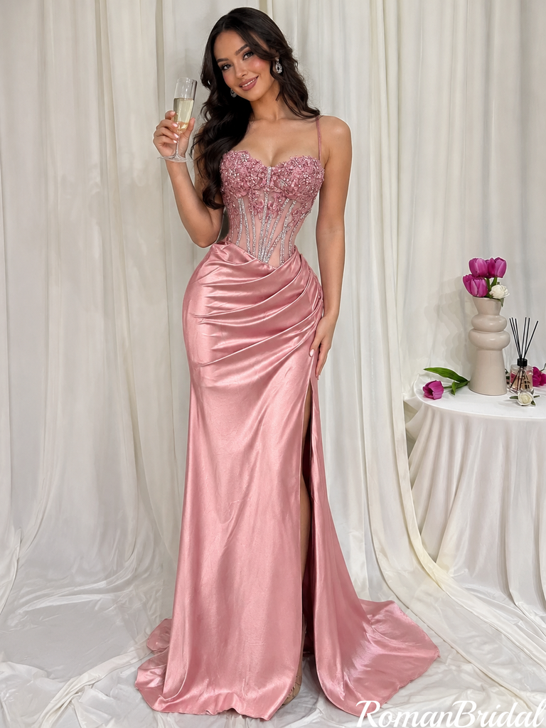 Fancy Dusty Pink Spaghetti Strap Corset Satin Prom Dress,OLP2464