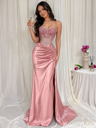 Fancy Dusty Pink Spaghetti Strap Corset Satin Prom Dress,OLP2464