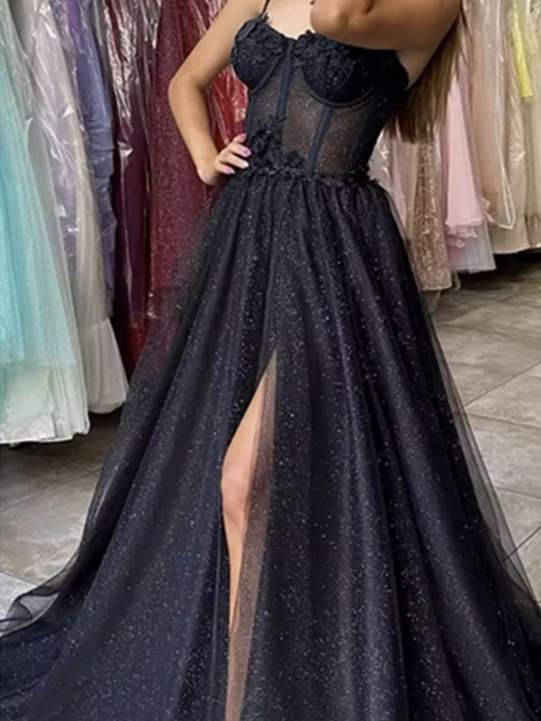 Formal Spaghetti Strap Sleeveless A-line Tulle Long Prom Dresses With Slit For Party Online, OL461